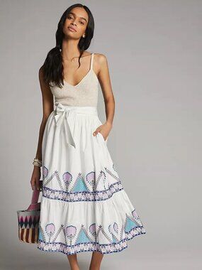 Anthropologie Magda Embroidered Tiered Midi Skirt White Blue XL NWT Boho